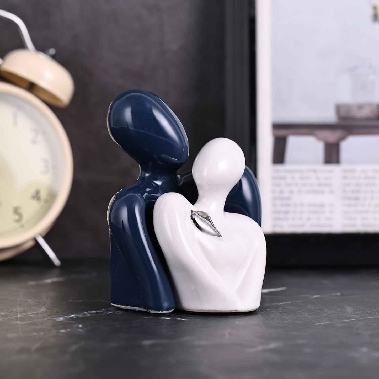Mini Couple Ceramic Small Statue, Romantic Couple Figurine for Home Decor, Tv Stand, Living Room Nick nacks, Dresser for Bedroom, Shelves, Valentine, Items for Wedding Decor (Blue White and Silver)