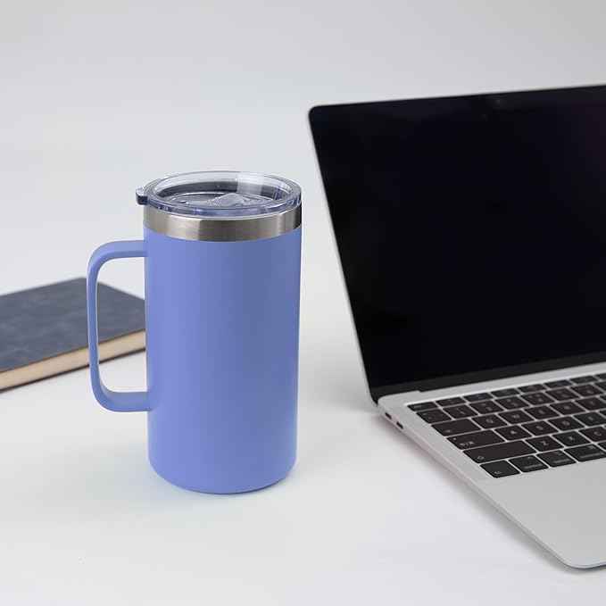 DOMICARE 24oz Mug with Handle and Lid, Stainless Steel Coffee Mug, Travel Mug with Handle, Double Wall Vacuum Coffee Tumbler, Reusable Insulated Cup, Blue, Pack 4