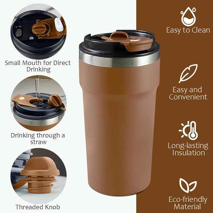 SPLMIFA Travel Coffee Mugs Leak-Proof, Reusable Coffee Cups with Lids, Stainless Steel Vacuum Insulated Coffee Tumblers, Thermal Insulation Cups for Men and Women Hot & Cold Drinks(4th-Brown, 16OZ)