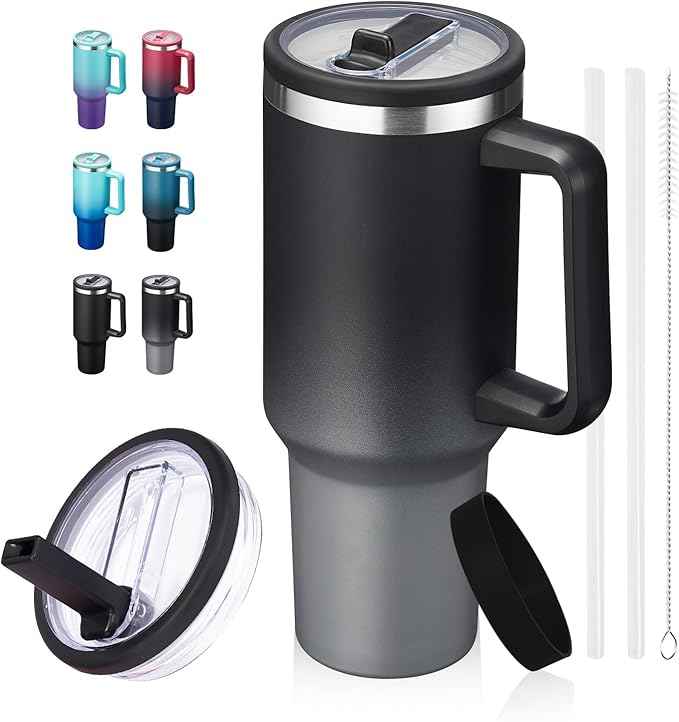 ICIOI 40 oz Water Bottle Tumbler with Flip Straw - Wide Mouth Travel Coffee Mug with Handle, Reusable Leakproof Stainless Steel Vacuum Insulated Traveler Cup, Metal thermo Jug Dishwasher Safe