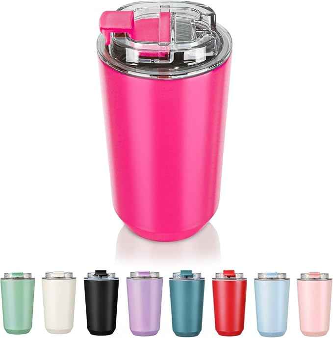 Puraville Insulated Tumblers with Lid, 14 oz Travel Coffee Mug Stainless Steel Vacuum Cup, Leak Proof Reusable Double Walled Coffee Tumbler for Iced and Hot Drinks, Fuchsia