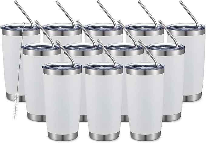 COMOOO 20oz White Tumbler Double Wall Vacuum Insulated Travel Mug Stainless Steel Coffee Mug with Lid and Straw Durable Powder Coated Insulated Coffee Cup for Cold & Hot Drinks (White,12 pack