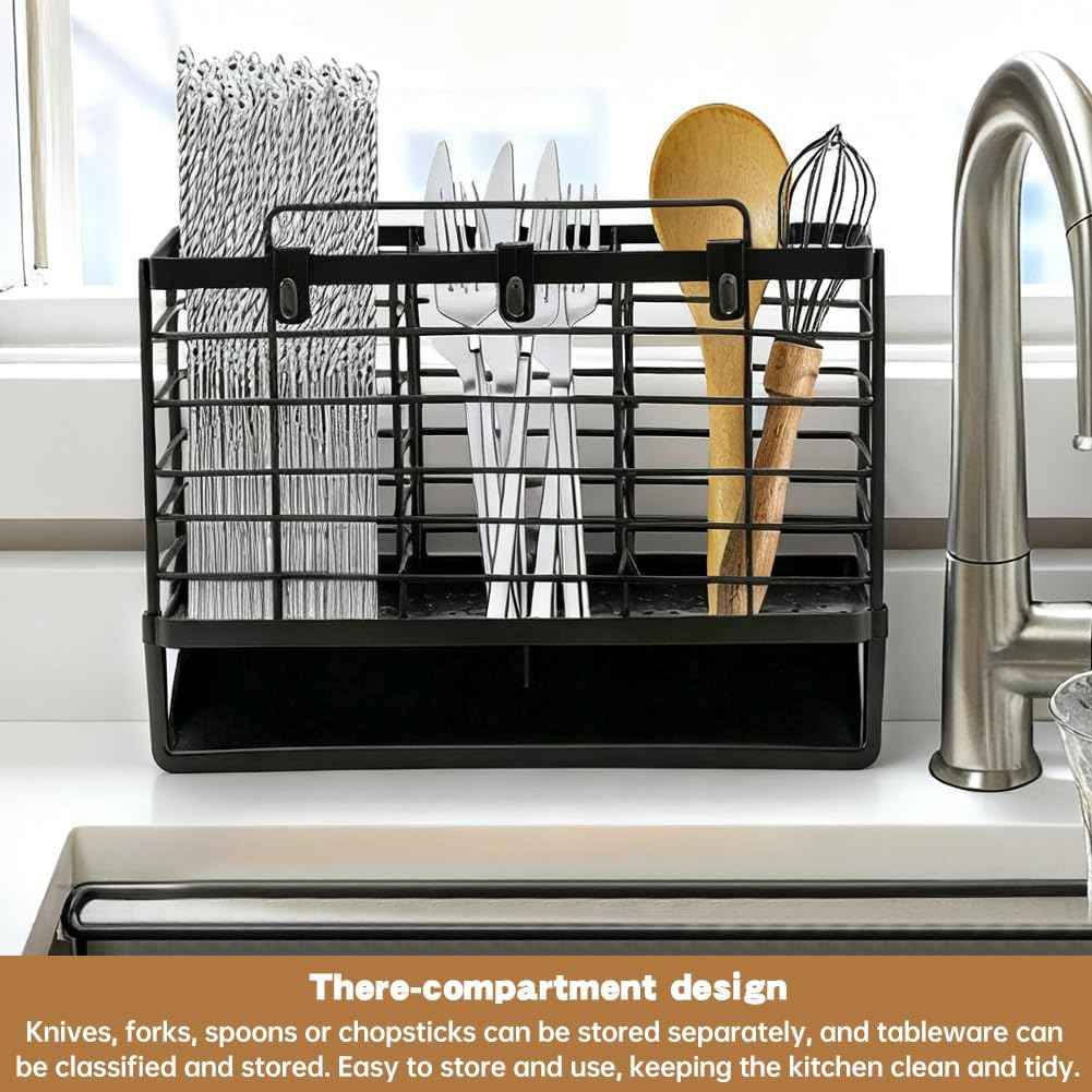 3-Compartment Dish Drying Rack for Kitchen, Carbon Steel Utensil Holder with Drain Tray, Utensil Caddy Organizer for Knives, Forks, Spoons, Chopsticks, Wall Mount or Countertop(COLOR:Black)
