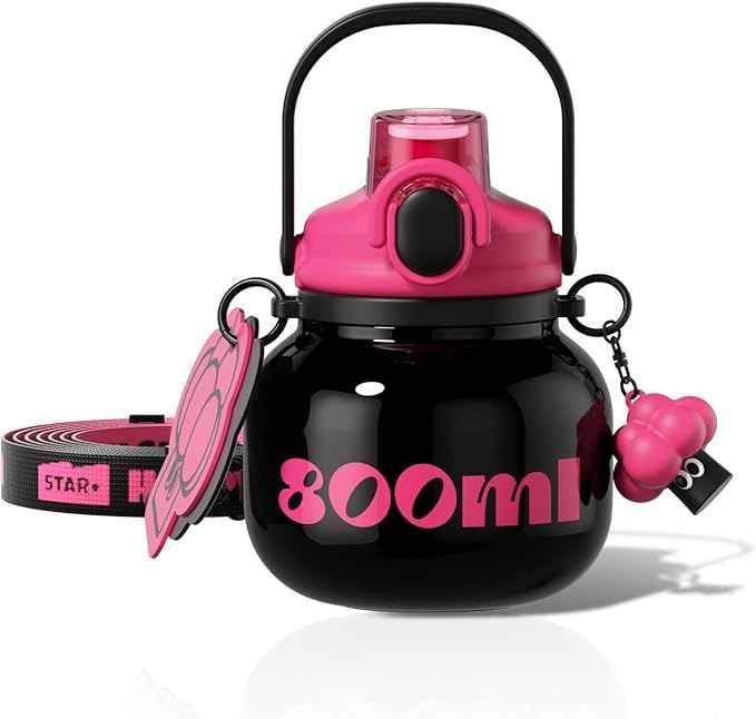 27 oz Water Bottle with Straw and Carry Handle, Black Wide Mouth Vacuum Insulated Stainless Steel Bottles Easy Carry Tumbler for Women