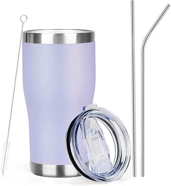 MEZMUT 20oz Coffee Tumbler with Lid and Straw Double Wall Vacuum Insulated Cup Stainless Steel Travel Mugs Insulated for Hot & Cold Leakproof Powder Coated Tumbler for Indoor Outdoor(Light Purple)