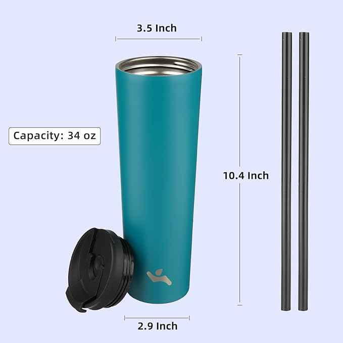 Konokyo 34 OZ Insulated Tumbler with Lid and 2 Straws Stainless Steel Water Bottle Vacuum Travel Mug Coffee Cup,Blue
