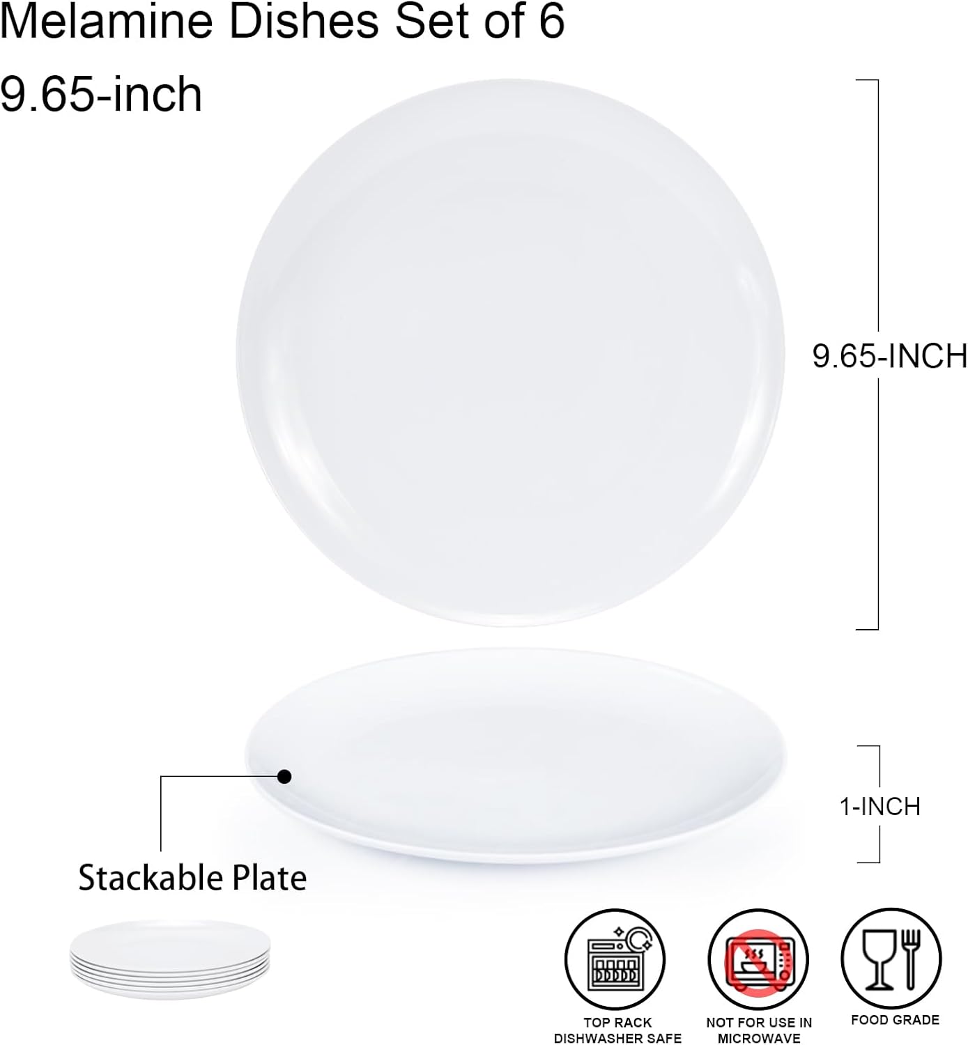 Melamine Plates Set of 6 – 9.5-Inch Unbreakable Stackable Dinner Plates,Lightweight & Easy-Clean White Dishees for Everyday Dining, Outdoor, Picnic, Camping, Dishwasher Safe