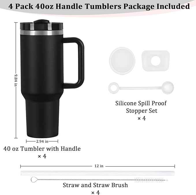 40 Oz Tumbler with Handle, Double Wall Vacuum Insulated Stainless Steel Tumbler with Lid and Straw, 40 oz cup with Silicone Spill Proof Stopper Set (Black-1)