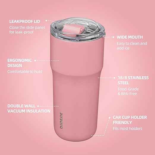 BJPKPK Insulated Tumbler with Lid,24oz Stainless Steel Tumbler,Double Wall Travel Coffee Mug Thermal cup,Keep Drinks Cold and Hot,Pink