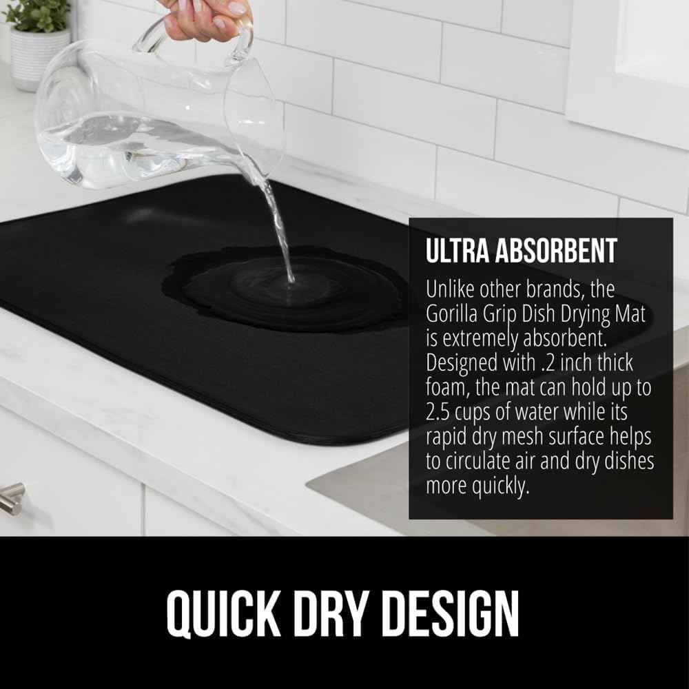 GORILLA GRIP Ultra Water Absorbent Microfiber Dish Drying Mat, Quick Dry Thick Mesh, Slip Resistant Pad for Sink Dishes or Under Rack, Kitchen Counter Accessories, Machine Wash Mats, 18x16 Inch, Black
