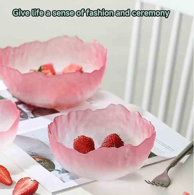 Glass Salad Bowl Irregular Lotus Flower Shape Serving Bowls, Mixing Nut Bowls for Kitchen Fruist, Snack, Dessert, and Ice Cream Candy Dishes (Crystal Gradient Pink, 7.6")