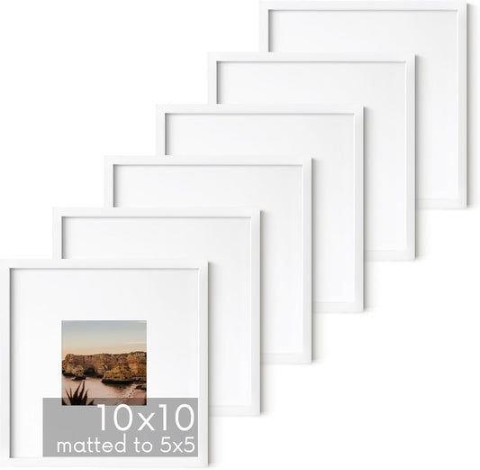 HAUS AND HUES 10x10 White Metal Picture Frames Matted to 5x5 - Features Premium Aluminum & Hanging Hardware, Shatterproof Plexiglass - Ideal for Home, Room, Office (10x10 in, White, Set of 6)
