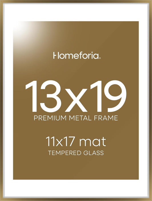Homeforia 13x19 Picture Frame Bronze, High End Metal 13x19 Brass Poster Frames with Mat 11x17 for Photo, 13 x 19 Frame Matted to 11 by 17 Print, 19x13 Hanging Frame, Tempered Glass, Wall Kit, Set of 1