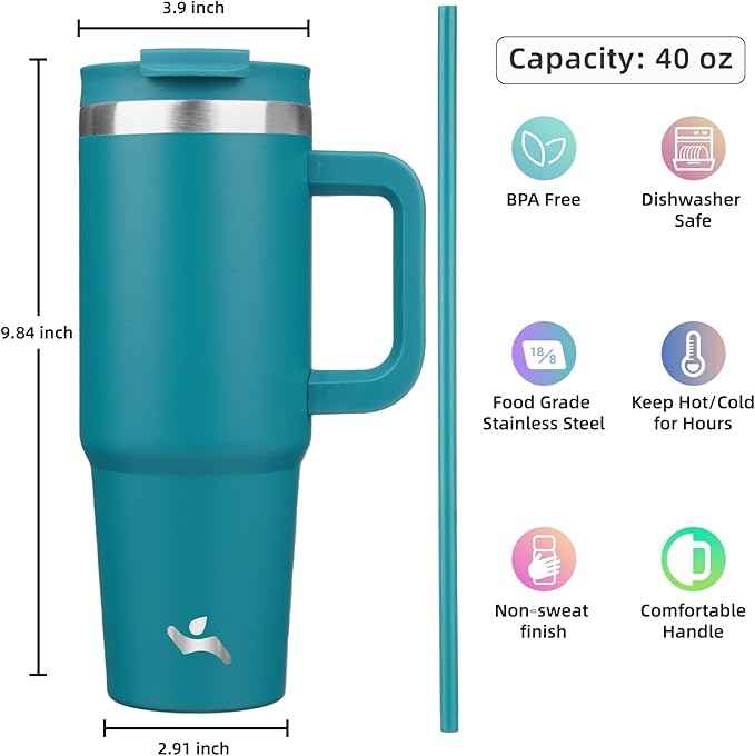 Konokyo 40 oz Tumbler with Handle and 2 Straws,2 in 1 Lid Insulated Water Bottle Stainless Steel Travel Coffee Mug,Blue