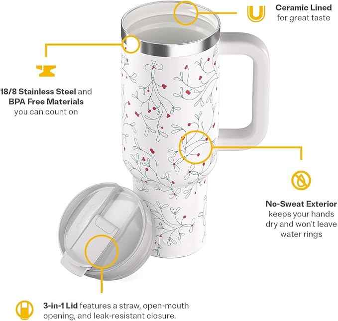 RTIC 40 oz Road Trip Tumbler Double-Walled Cermaic Lined Insulated Stainless Steel Portable Travel Coffee Mug Cup with Lid, Handle and Straw, Mistletoe
