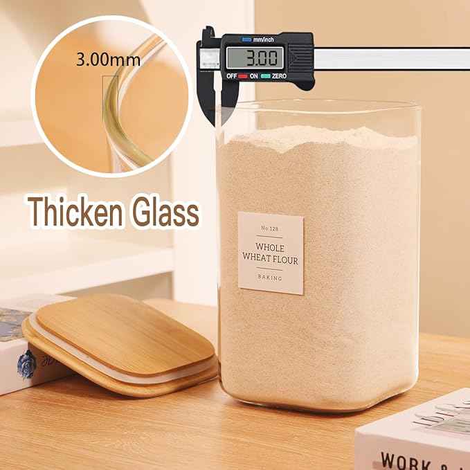 2 Pack large Square Glass Flour and Sugar Containers with 132 Kitchen Pantry Labels - Thicken 149 floz Glass Storage Jars with Airtight Bamboo Lid - Big Rice Canisters for Coffee, Pasta, Cereal