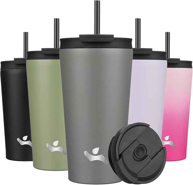 Konokyo 18 OZ Insulated Tumbler with Lid and 2 Straws Stainless Steel Water Bottle Vacuum Travel Mug Coffee Cup,Gray