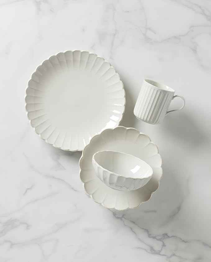 Lenox Dinnerware Set, French Perle Scallop 4-Piece Place Setting, Service For 1, Dinnerware Set, Stoneware, Includes Plates, Bowl, and Mug, Dishwasher And Microwave Safe, Dish Set (White, 4 Piece)