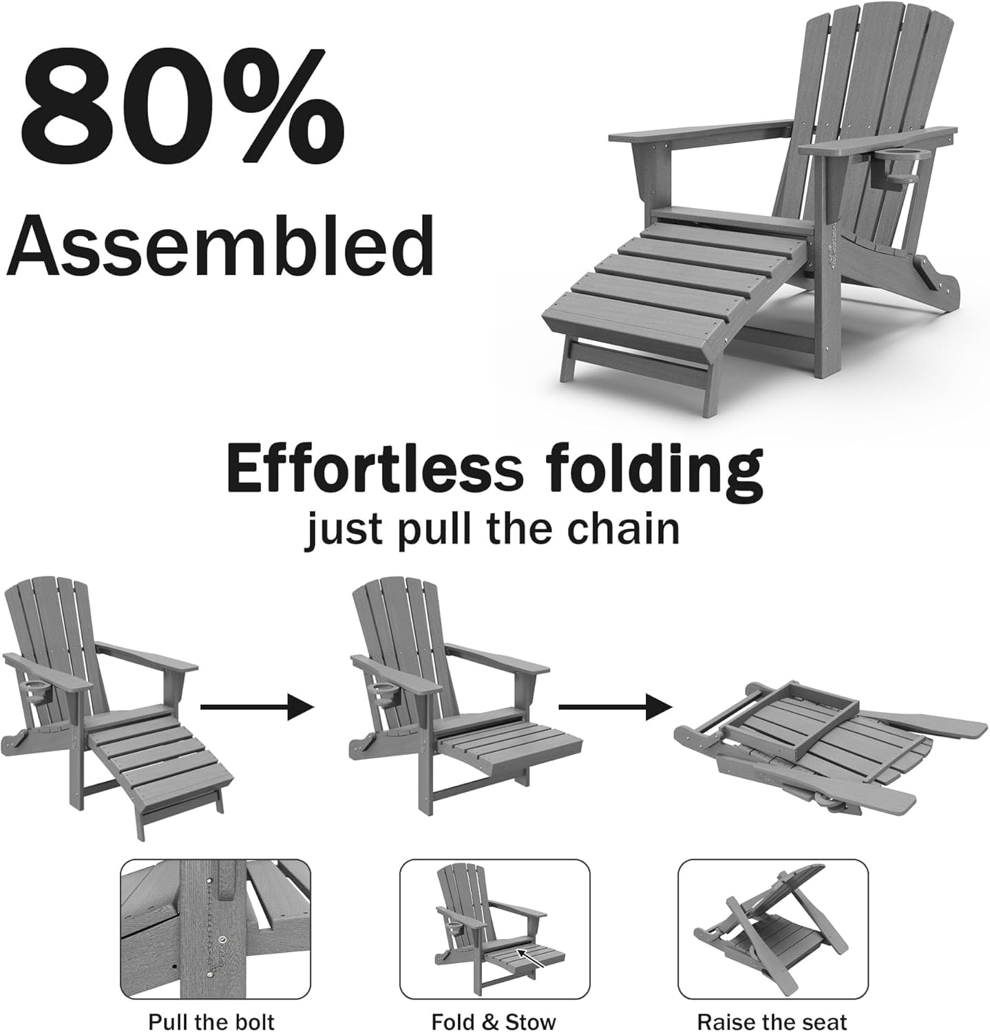Folding Adirondack Chair with Retractable Ottoman,HDPE Outdoor Adirondack Chair with Cup Holder,All-Weather Lounge Chairs for Outside,Patio,Pool,Fire Pit,Grey