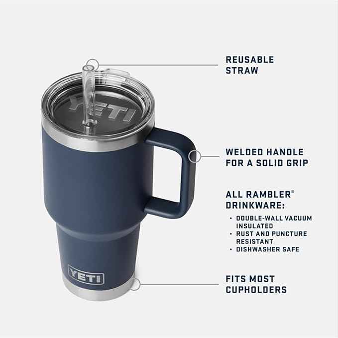 YETI Rambler 35 oz Straw Mug 2.0 - Double-Wall Vacuum Insulation for Cold Beverages – Dishwasher Safe – Cupholder Compatible – Reusable Straw – Comfortable Grip Handle – Travel Mug - Seafoam
