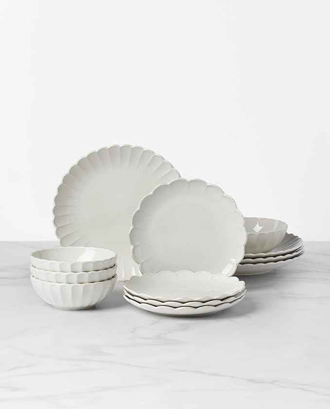 Lenox Stoneware Dinnerware Sets, French Perle Scallop White 12-Piece Dinnerware Set for 4, Service For 4, Dishwasher Safe Dishware, Dishes Set, Stoneware Dinner Plates and Bowls Sets (White, 12 Piece)