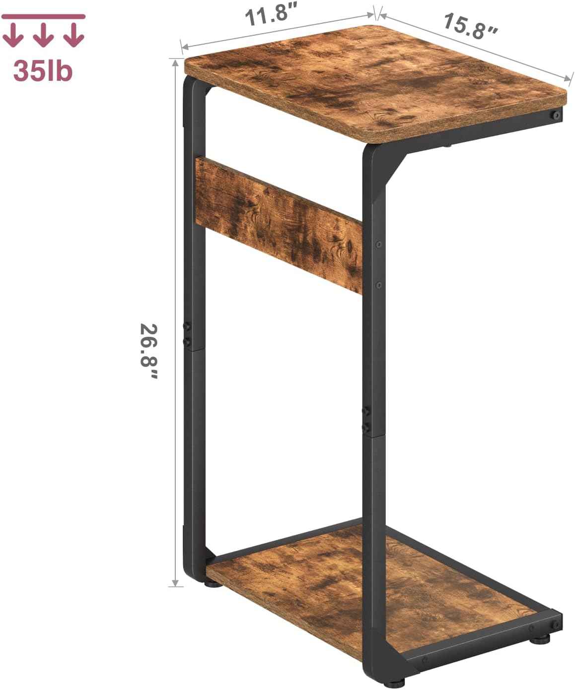 Wood Pedestal Sofa Side Tables Set of 2 Small Nightstand C Shaped End Table TV Trays on Couch Stands TV Tray Tables Slide Under Night Stand Over Bed Living Room Bedroom Bedside Rustic Brown ET-YB-BRW2