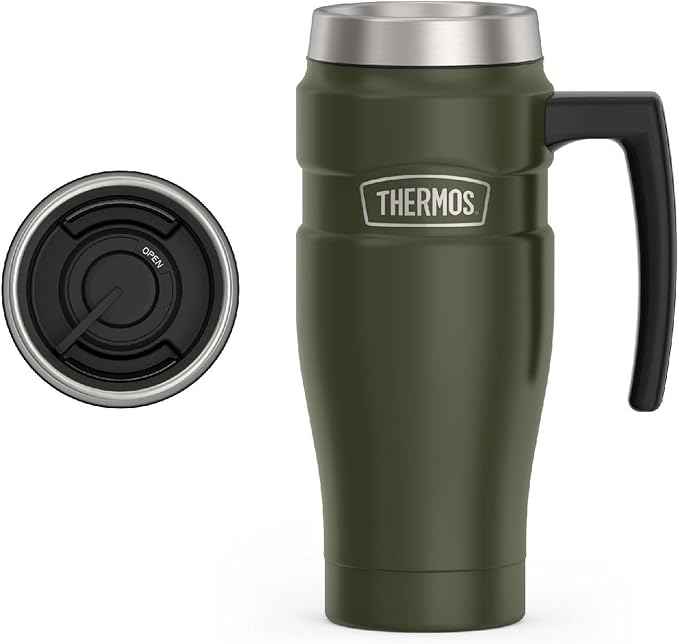 THERMOS Stainless King Vacuum-Insulated Travel Mug with Handle - 16oz, Army Green - Thermos Tumbler for Hot & Cold Drinks - Leak-Proof & Sweat-Proof Stainless Steel Coffee Mug with Lid for Commuting