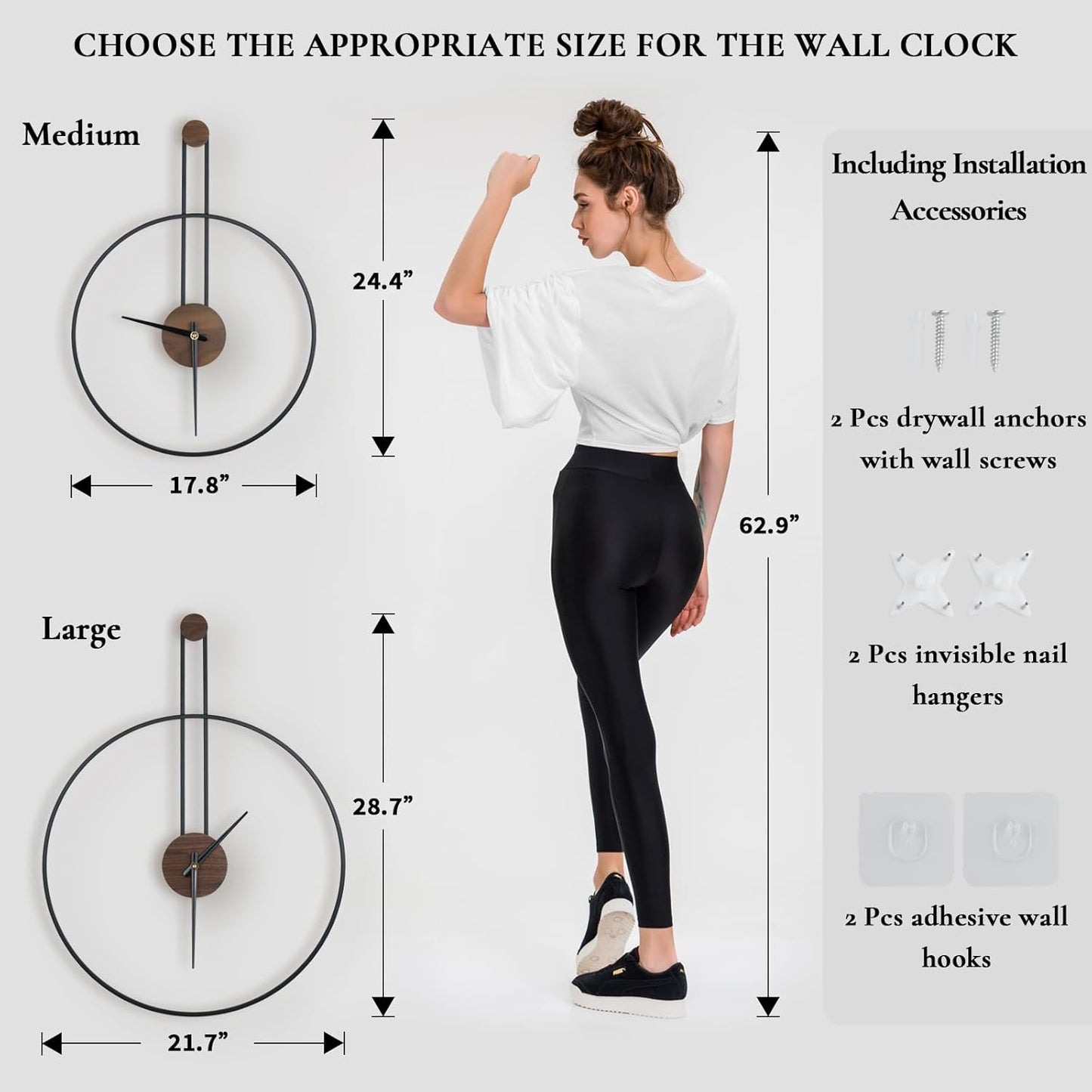 DRELIFAM Modern Wall Clock Large Wall Clocks with Walnut Dial Silent Non-Ticking for Living Room Home Decor Bedroom Kitchen Office 17.8''× 24.4'' (Black, Medium)