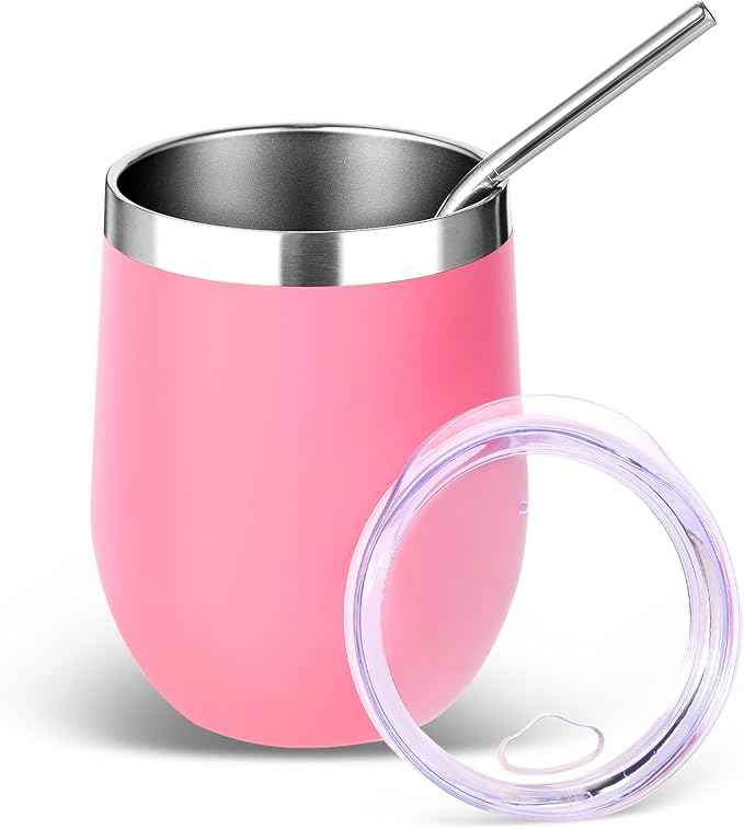 Volhoply 12oz Stainless Steel Wine Tumbler with Lid and Straw,Double Wall Vacuum Insulated Stemless Wine Glasses,Reusable Travel Coffe Mug for Cold Drinks,Tumblers Gifts for Women Men（Pink,1 Set）