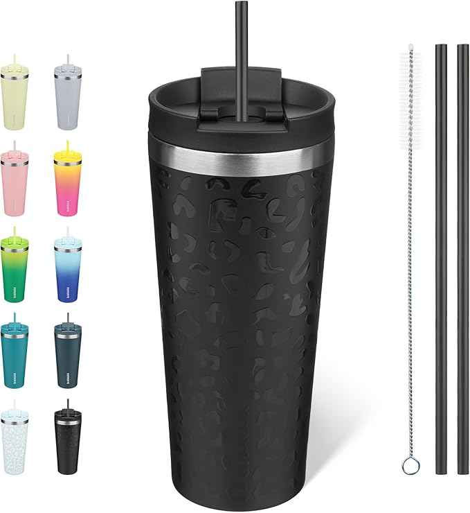 BJPKPK 22oz Insulated Tumbler With lid And Straw Stainless Steel Tumblers Travel Coffee Mug Reusable Thermal Cup,Black Leopard