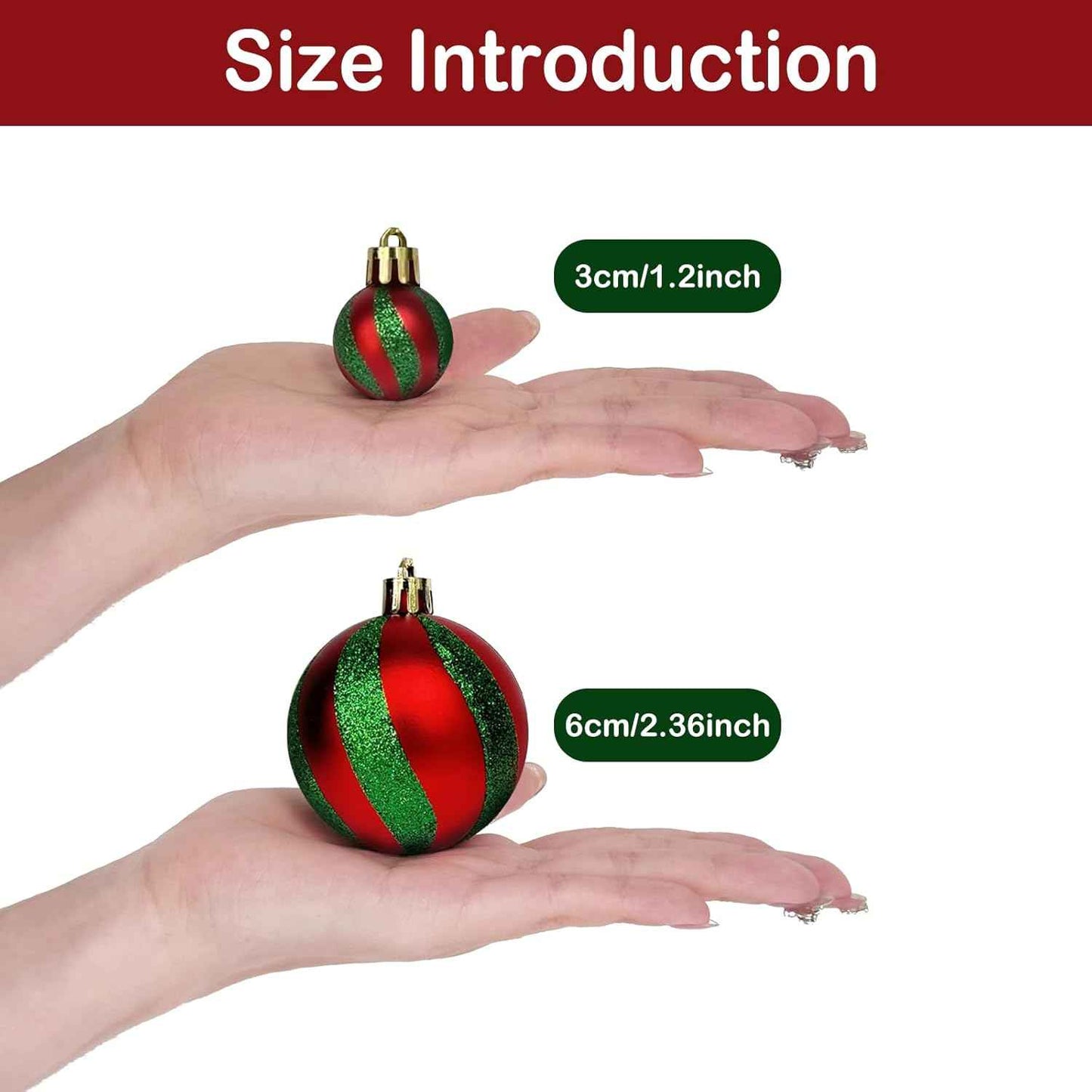 Emopeak 24Pcs Christmas Balls Ornaments - 2.5 Inch Glittering Red Green White Christmas Ball Ornaments Shatterproof Xmas Tree Hanging Ball, Hanging Bulbs for Home Holiday Party