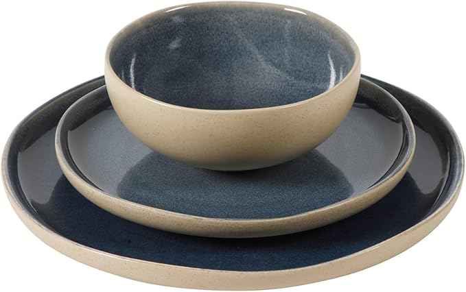 Gibson Elite Manila Bay 12-Piece Stoneware Dinnerware Set, Service for 4, Reactive Glaze Modern Artisan Plates, Bowls & Mugs, Blue, Round Design