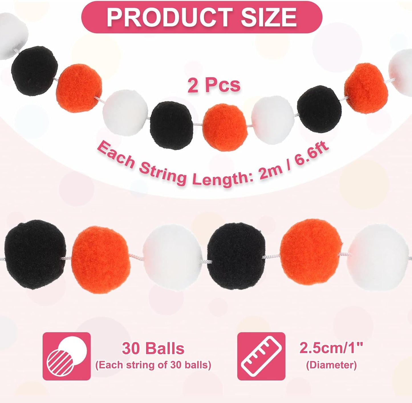 PATIKIL 13Ft Pom Pom Garland Decorations, 2Pcs Colorful Felt Ball Garland Banner Cute Rainbow Pompom Hanging Decorations for Tree Ornaments Homes Decor, Black/Orange/White