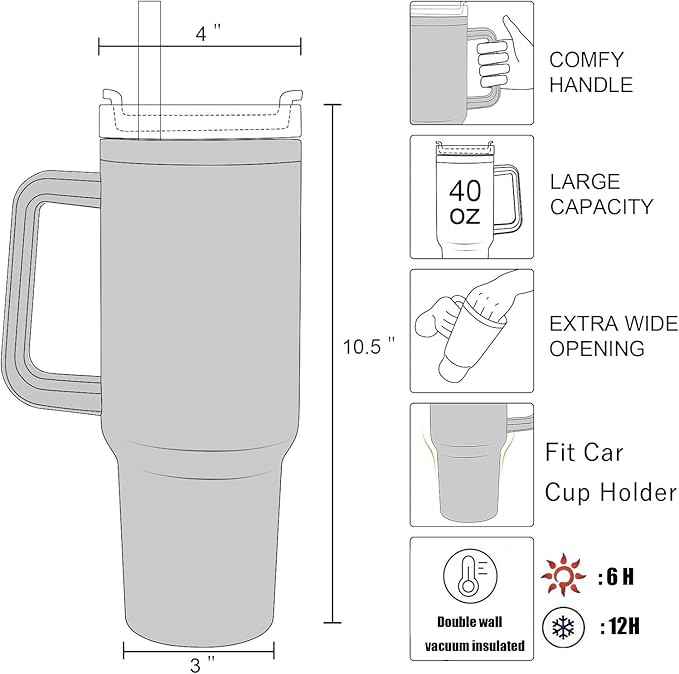 40oz Insulated Travel Mug Tumbler With Handle and Straw,Stainless Steel Double Wall Vacuum Cup Keep Drink Cold and Hot (Brick-red#)