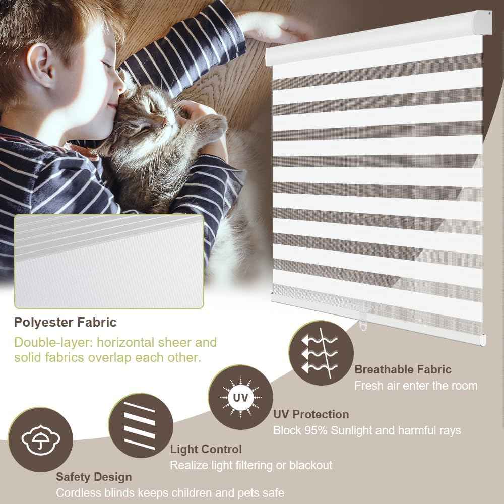 Kokorona Zebra Blinds Roller Shades Cordless Window Blinds with Valance Cover, Day and Night Sheer Shades Dual Layer Fabric for Light Control Light Filtering Privacy, White, 60" W X 72" H