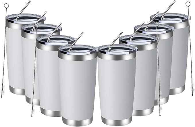MEWAY 20oz Tumbler 8 Pack Double Wall Vacuum Insulated Travel Mug Bulk, Stainless Steel Tumblers with Lid and Straw, Durable Powder Coated Coffee Cups for Cold & Hot Drinks (White, 8)