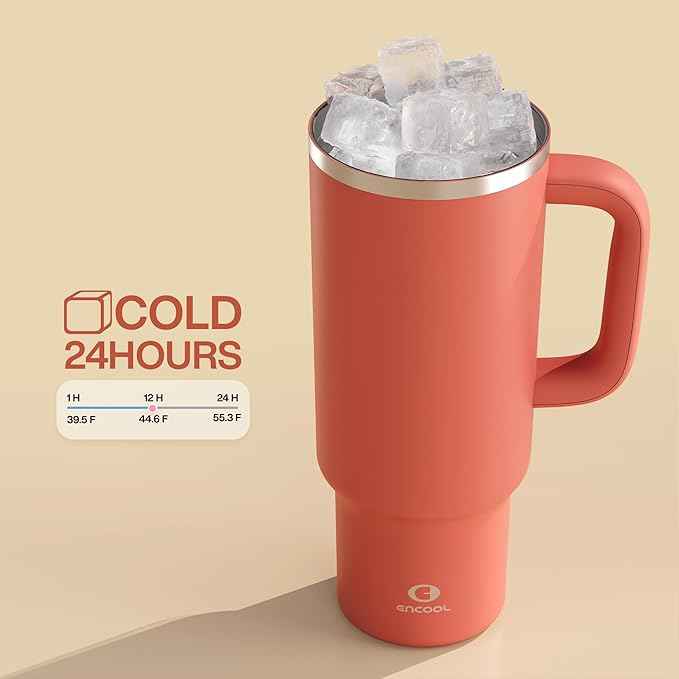 ENCOOL 40 oz Tumbler with Handle and Straw: Stainless Steel Insulated Tumbler Keeps Cold for 24 Hours, Leakproof Travel Cup Fits in Cup Holder and BPA-Free,Tawny Orange