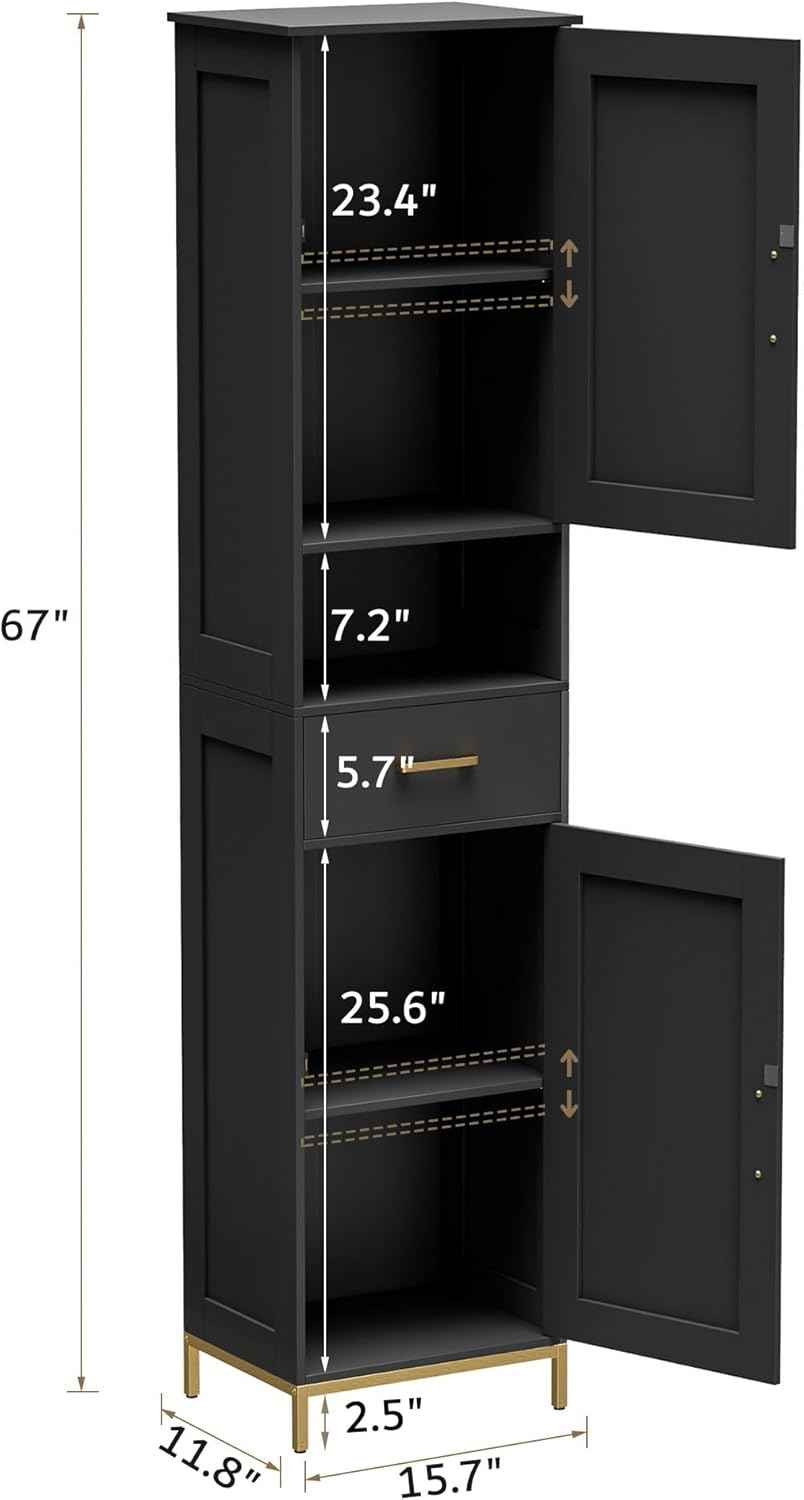 Homhedy 67" H Bathroom Storage Cabinet, Tall Storage Cabinet with Adjustable Shelves, Freestanding Cabinet with Doors and Drawer, Narrow Cabinet for Bathroom, Living Room, Kitchen, Dining Room, Black