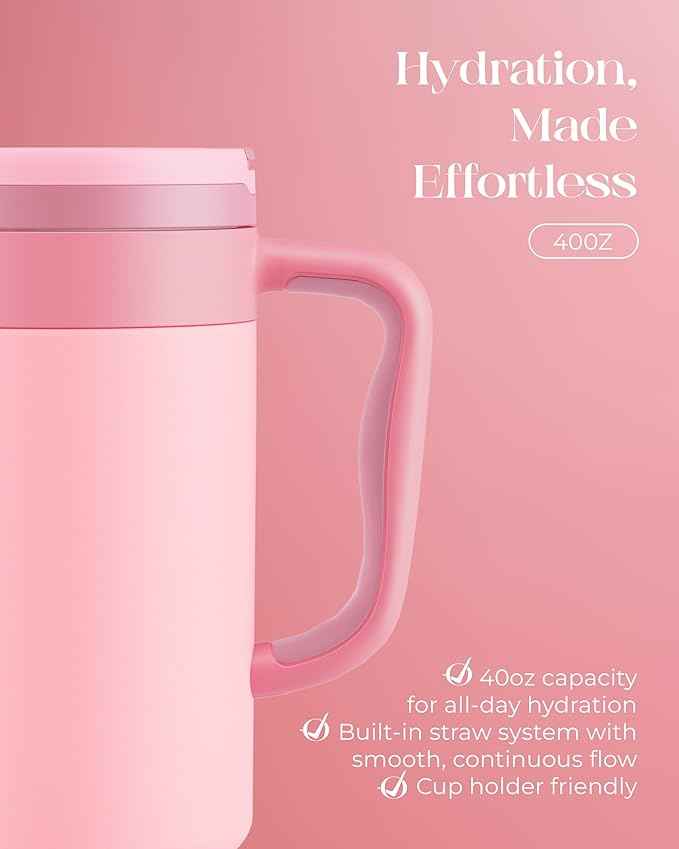 40 oz Insulated Tumbler with Handle and Push-Button Straw Lid, Stainless Steel Travel Cup for Gym Office, Leakproof, BPA-Free, Cup Holder Friendly, Bow Silicone Boot, Pink (Rose Quartz)