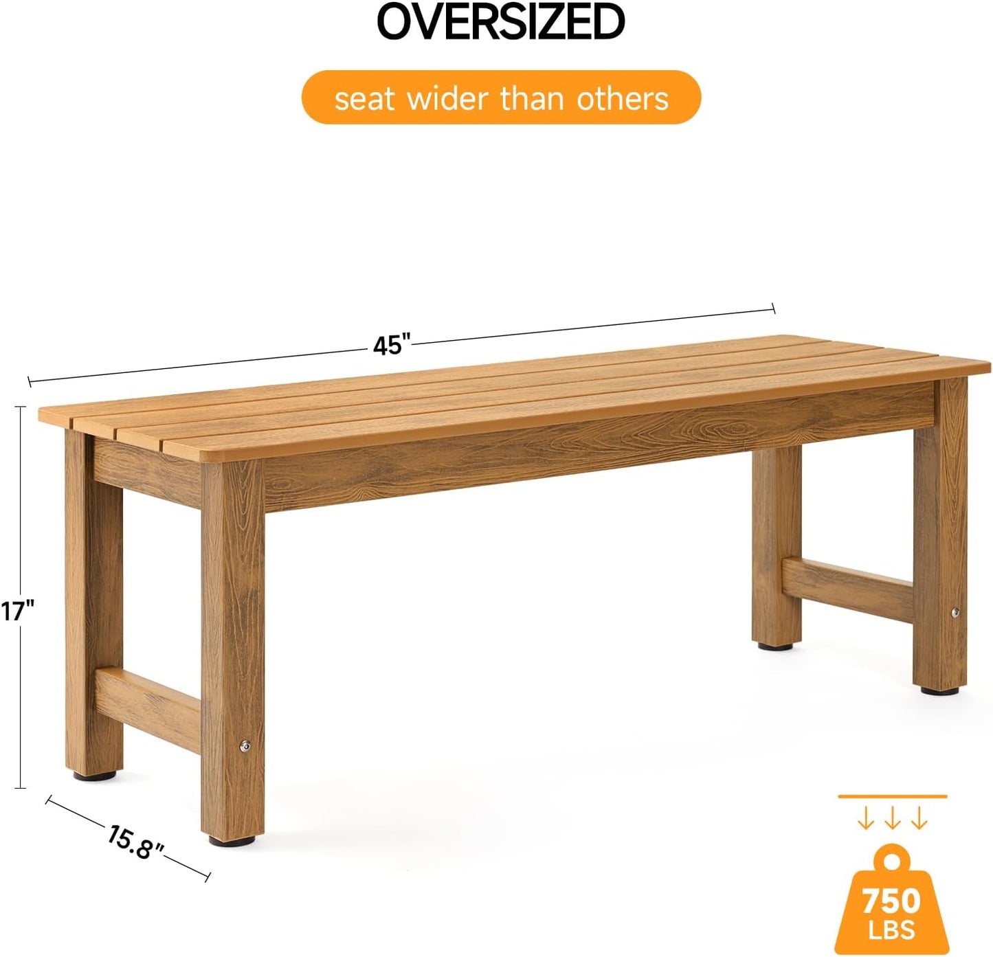 Outdoor Bench, 2-Person Poly Lumber Garden Bench, All-Weather Patio Bench Will not Rot and Fade for Garden, Porch, Backyard and Park, Easy Installation, Teak