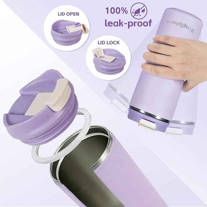 Travel Coffee Mug with Lid, 12 oz Insulated Tumbler, Leak Proof Stainless Steel Cup, for Hot Coffee, Iced Tea & Water, BPA Free, Car Cups Holder Friendly, Lavender Purple