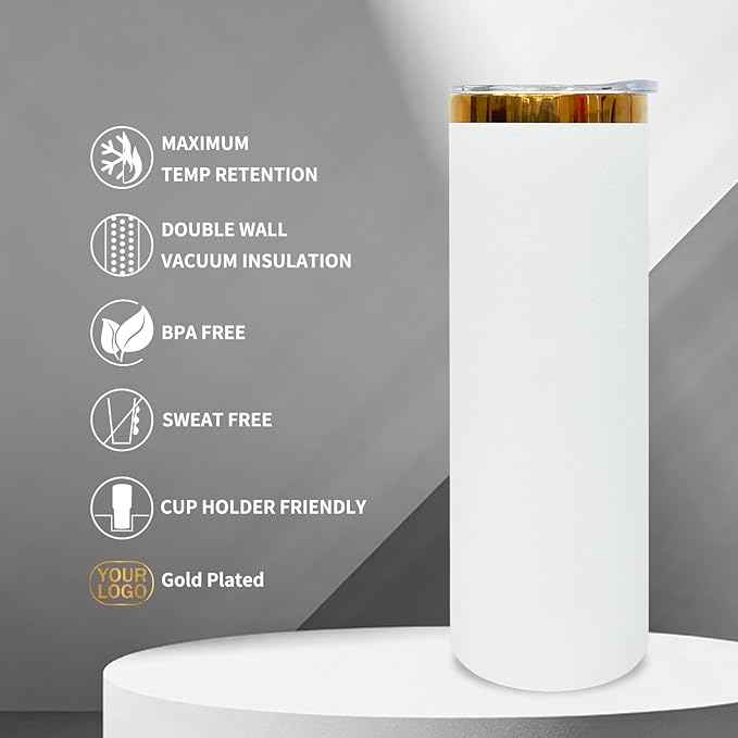 20 oz Skinny Tumblers Stainless Steel Tumbler with Lid and Straw Double Wall Vacuum Insulated Coffee Mug 20oz Powder Coated Cup for Hot and Cold Drinks(White,1 pack)