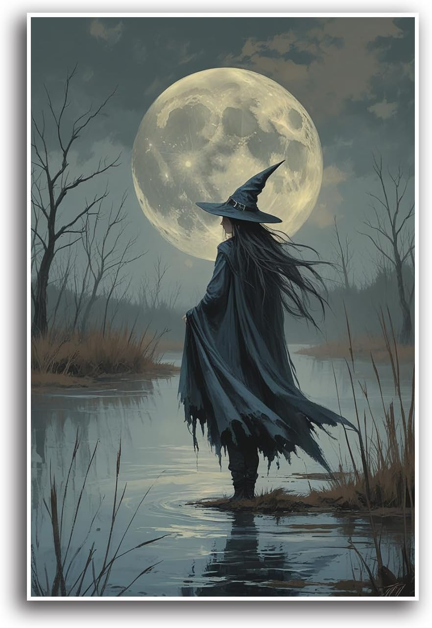 JFHCQJPK Witch in the moonlight magic canvas wall art enchanting Halloween home decor swamp witch silhouette oil painting mysterious gothic aesthetic wall decor print poster32x48in Frameless