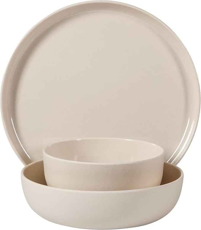 Gibson Home Candy Skies 12 Piece Unbreakable Wheat Straw Melamine Plates and Bowls Dinnerware Set - Outdoor, Camping, & Everyday Use - Matte Exterior/Shiny Interior Taupe Cream