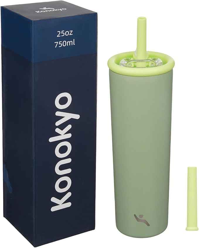 Konokyo 25oz Insulated Tumbler with Lid and Straw, Reusable Iced Coffee Cup with Lid, Travel Coffee Mug, BPA-Free, Leak-Proof and Durable, Bean Paste Green