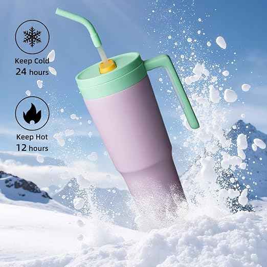 Konokyo Insulated Tumbler with Handle and Straw,40 OZ Vacuum Stainless Steel Water Bottle Travel Mug Metal Cup with Fruit Diffuser,Purple