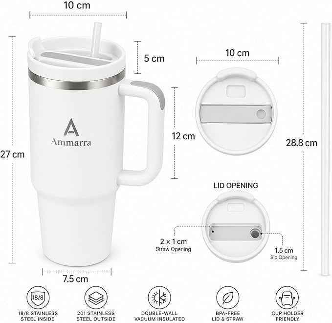 40 oz Tumbler with Handle and Straw | Insulated Stainless Steel Travel Mug with Leak Proof Lid | Cup Holder Friendly | BPA Free | Keeps Cold 12 Hours
