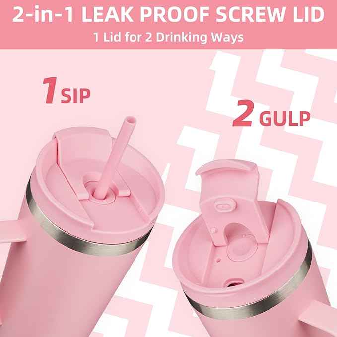 BJPKPK Insulated Tumbler with Handle, 26oz Insulated Tumblers with Lid and Straw, Stainless Steel Metal Water Bottles, Coffee Travel Mugs, Cups, Light Pink