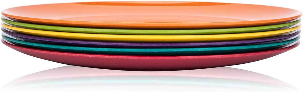 KOXIN-KARLU Melamine Plates, 10.5-inch Dinner Plates Dinnerware Dish, set of 6 in 6 Assorted Colors | 100% Melamine, Dishwasher Safe, BPA Free