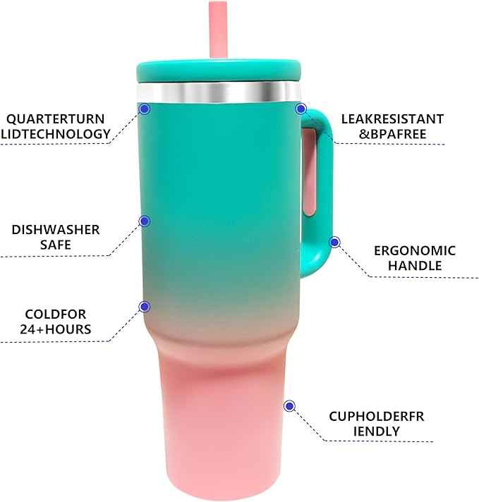 40-OZ Insulated Water Bottle,Insulated Stainless Steel Tumbler,Reusable Cold Drink Thermos,BPA-Free, Double-Wall Stainless Steel Water Bottle (Aqua Pink, 40, Fluid Ounces)